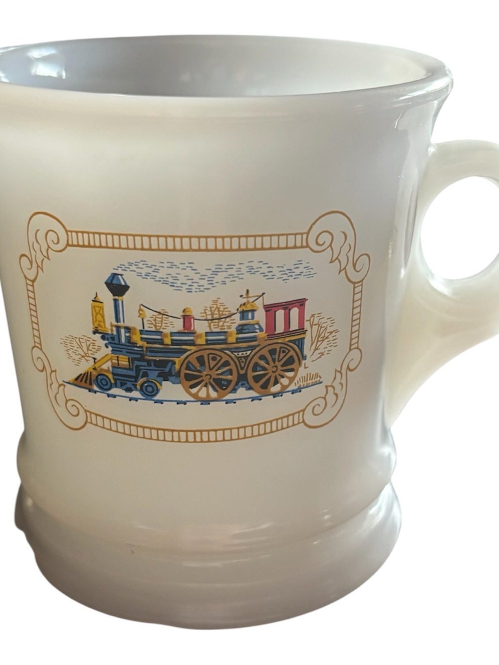 Avon White Ceramic Mug with Blue, Gold and Red Train Motif